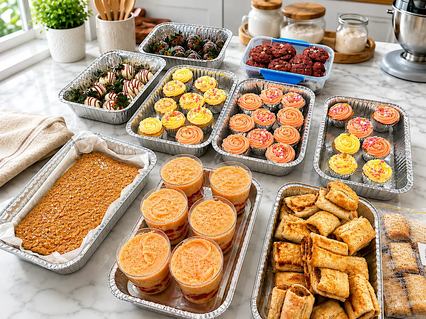 Catering spread of cupcakes, chocolate strawberries and slices