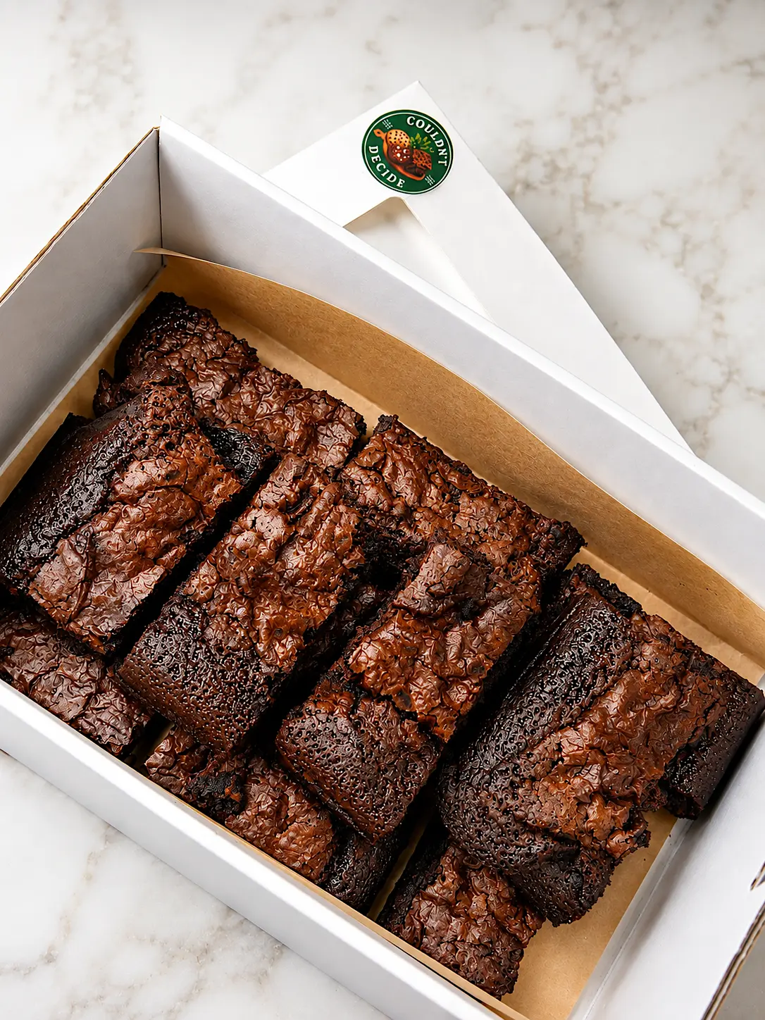 Box of fudgy gourmet brownies with a Couldn't Decide sticker