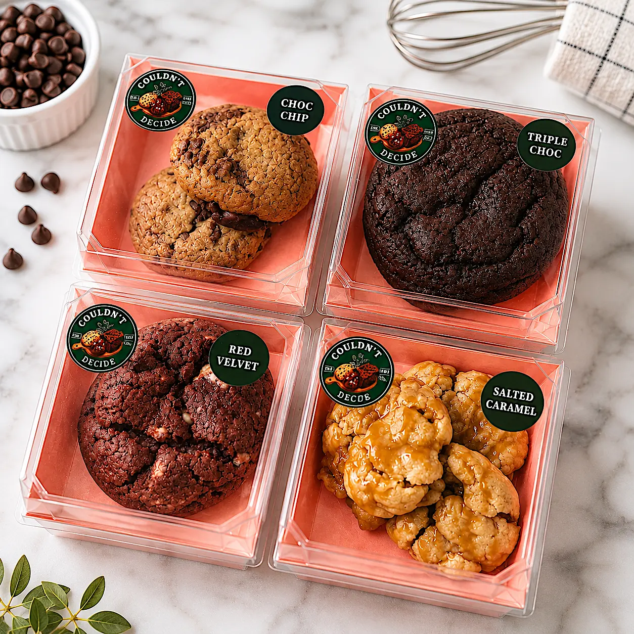 Four flavour cookie packs — choc chip, triple choc, red velvet and salted caramel