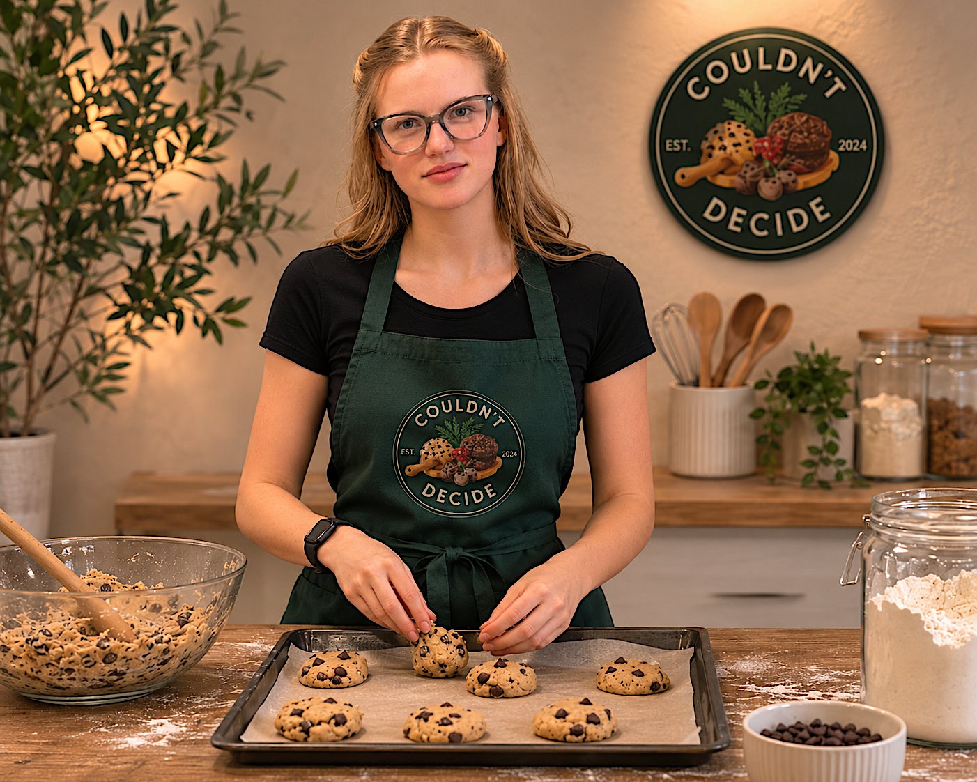 Founder of Couldn't Decide placing chocolate chip cookies on a tray in her baking studio
